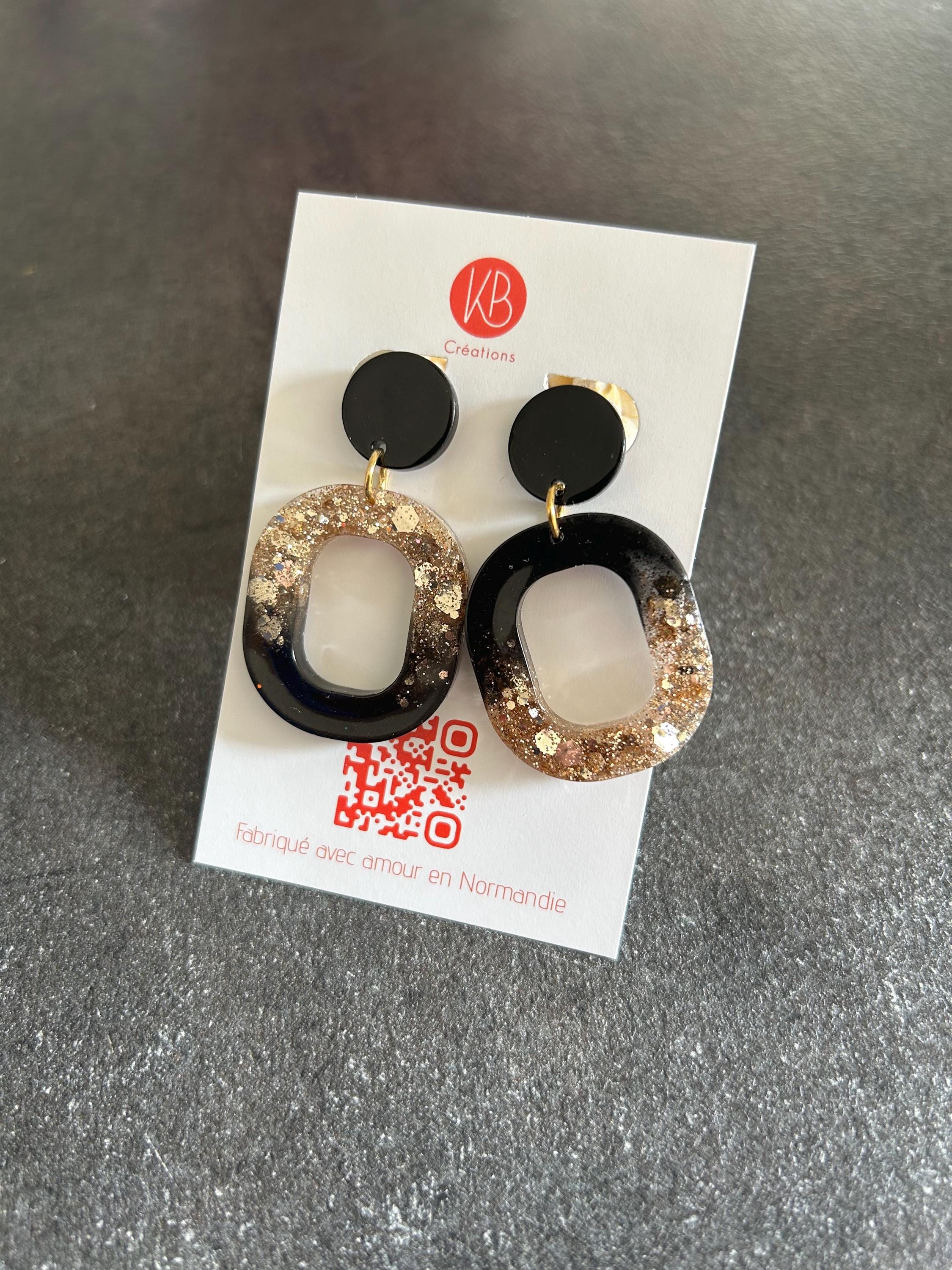 Boucles d’oreilles Rongy dorée et noir | Résine pailletée or | Bijoux faits main en Normandie