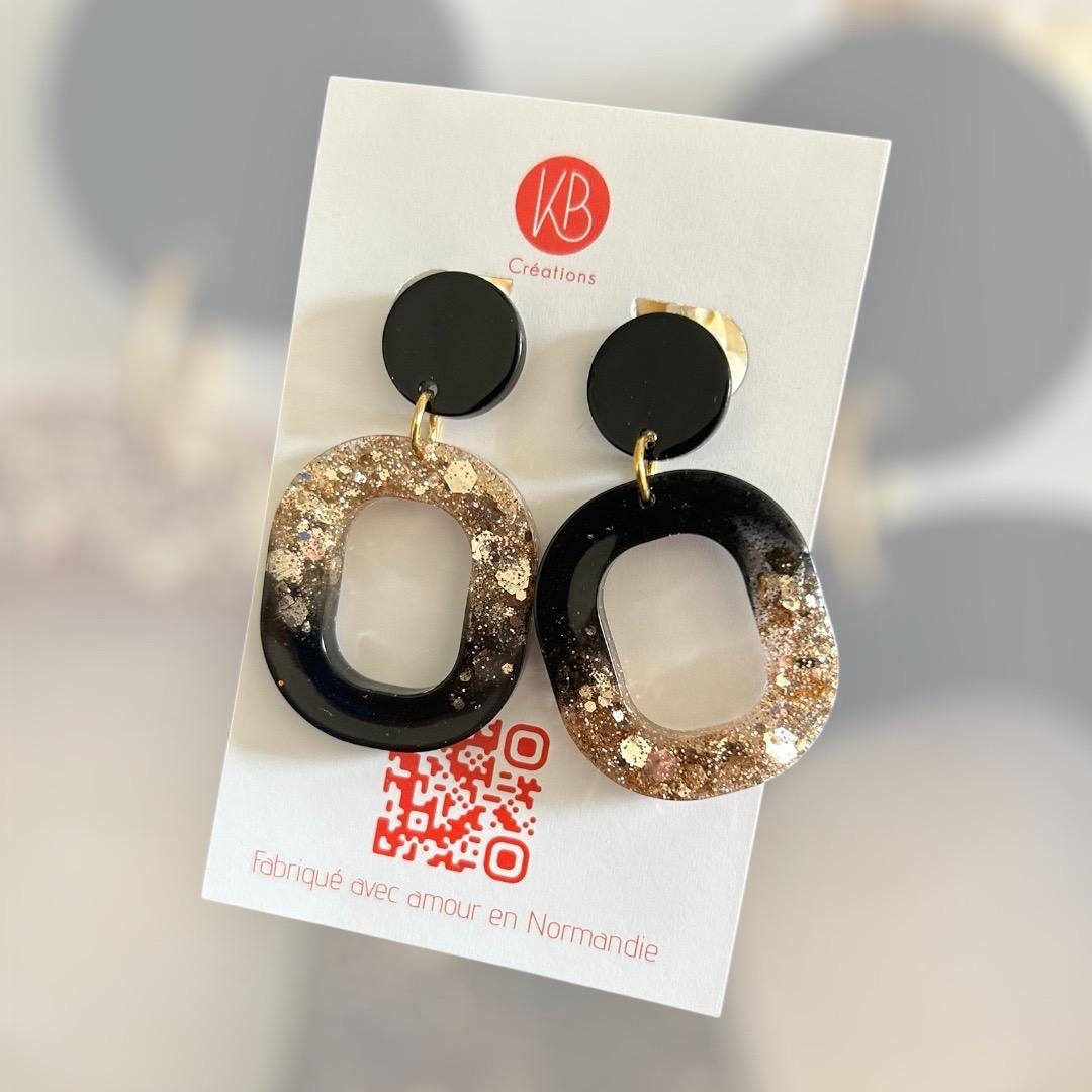 Boucles d’oreilles Rongy dorée et noir | Résine pailletée or | Bijoux faits main en Normandie