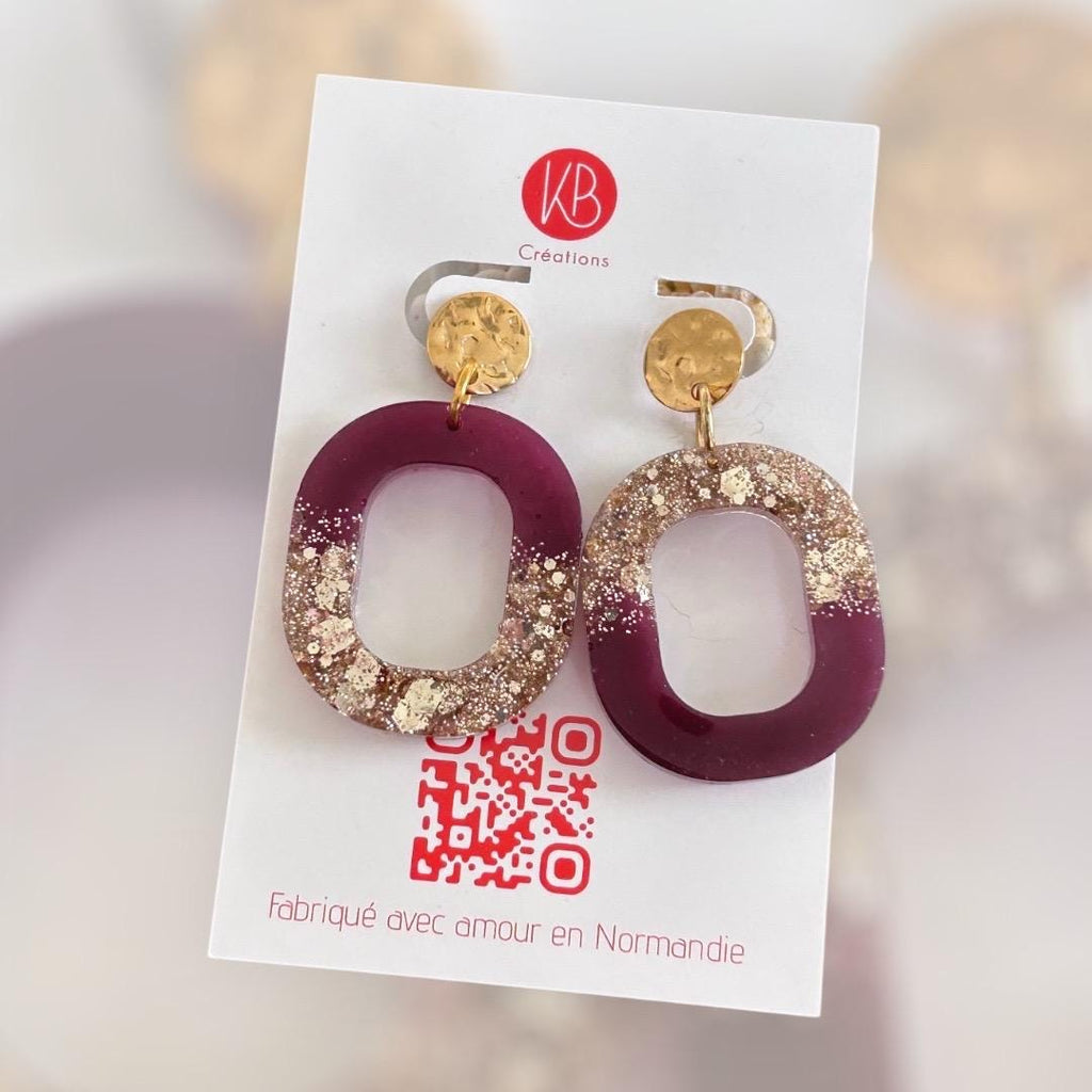 Boucles d’oreilles bordeaux & paillettes dorées
