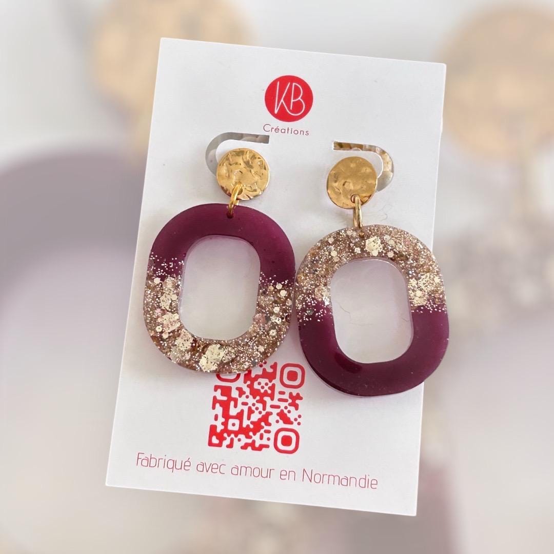 Boucles d’oreilles bordeaux & paillettes dorées
