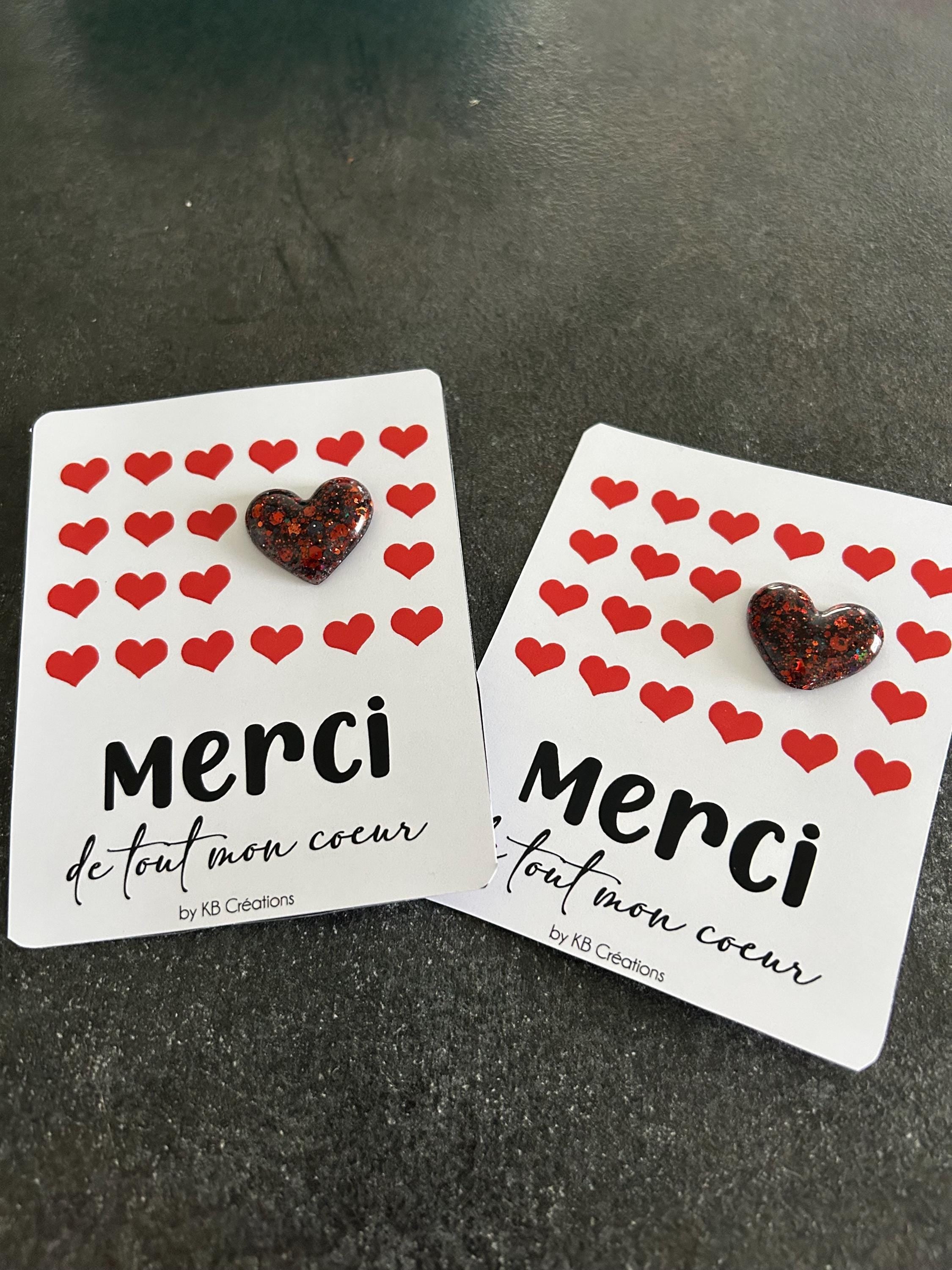 Carte “Merci de tout mon cœur” avec Pin's cœur en résine – Cadeau - cœur paillète