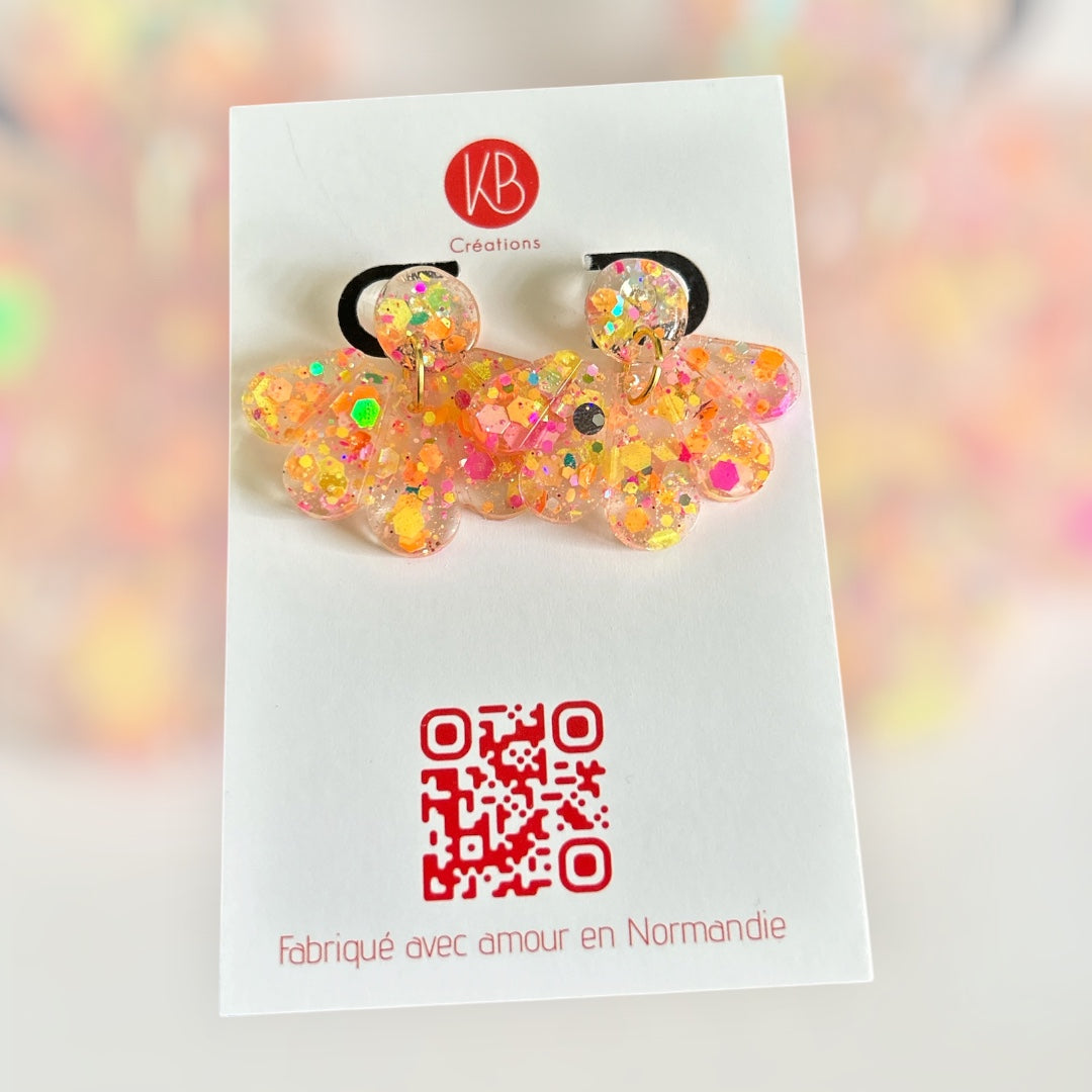 Boucles d’oreilles éventail pailleté multicolore – Résine & acier inoxydable