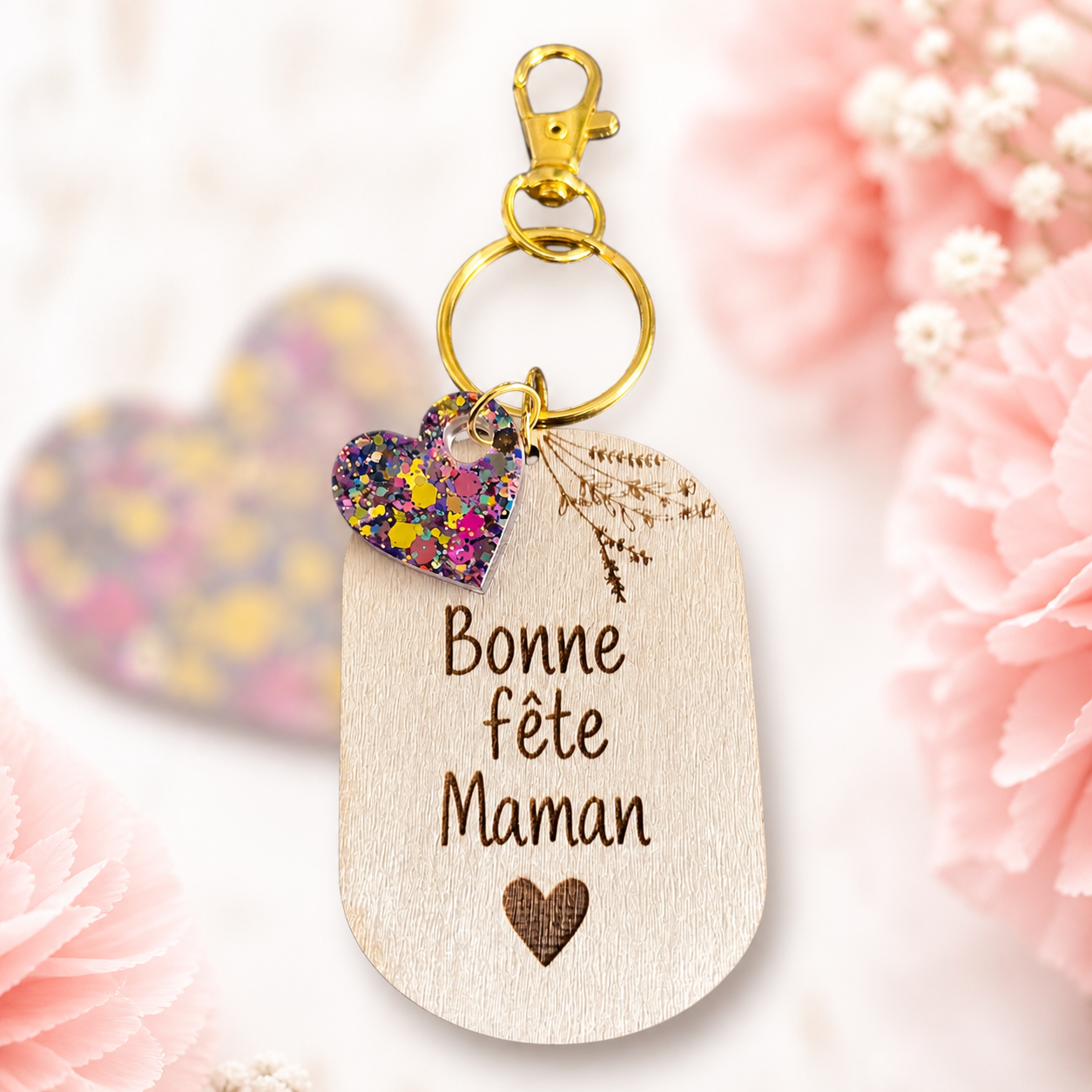 Porte-clés bois cœur pailleté - Fete des Mères - Commande Personnalisée