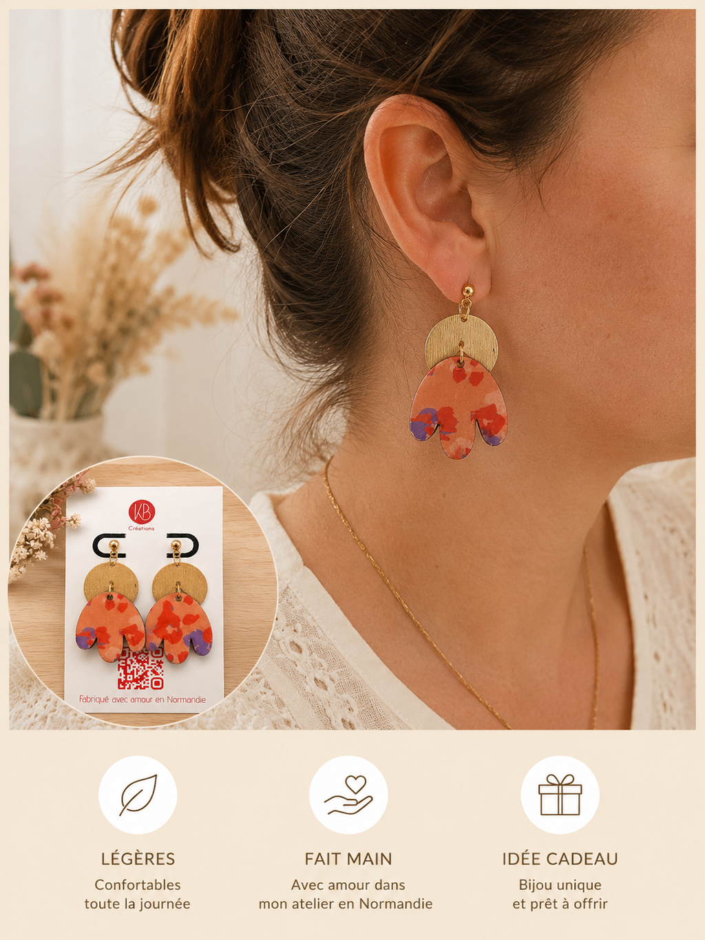 Boucles d'oreilles fleuries en bois | Boucles pendantes légères