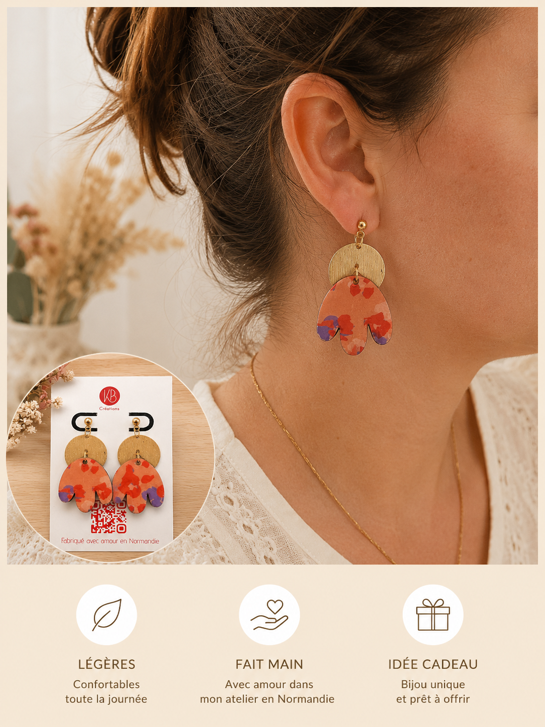 Boucles d'oreilles fleuries en bois | Boucles pendantes légères