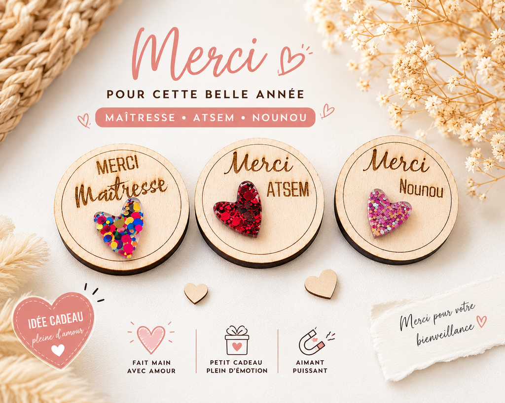 Magnet cœur pailleté - Maitresse, nounou - Commande Personnalisée