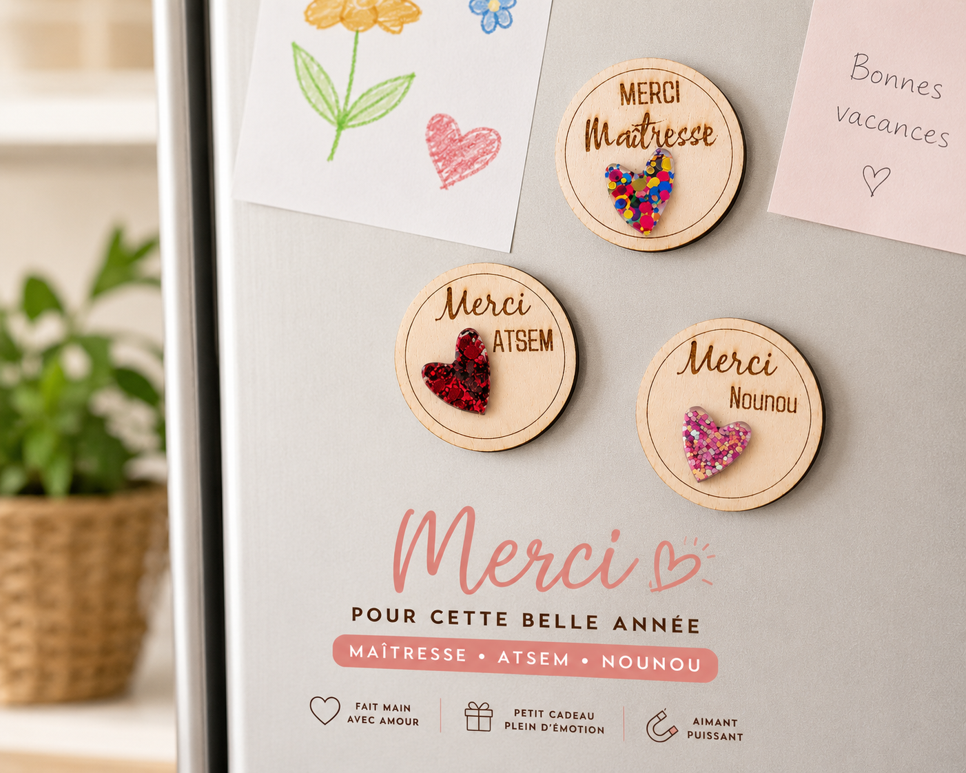 Magnet cœur pailleté - Maitresse, nounou - Commande Personnalisée