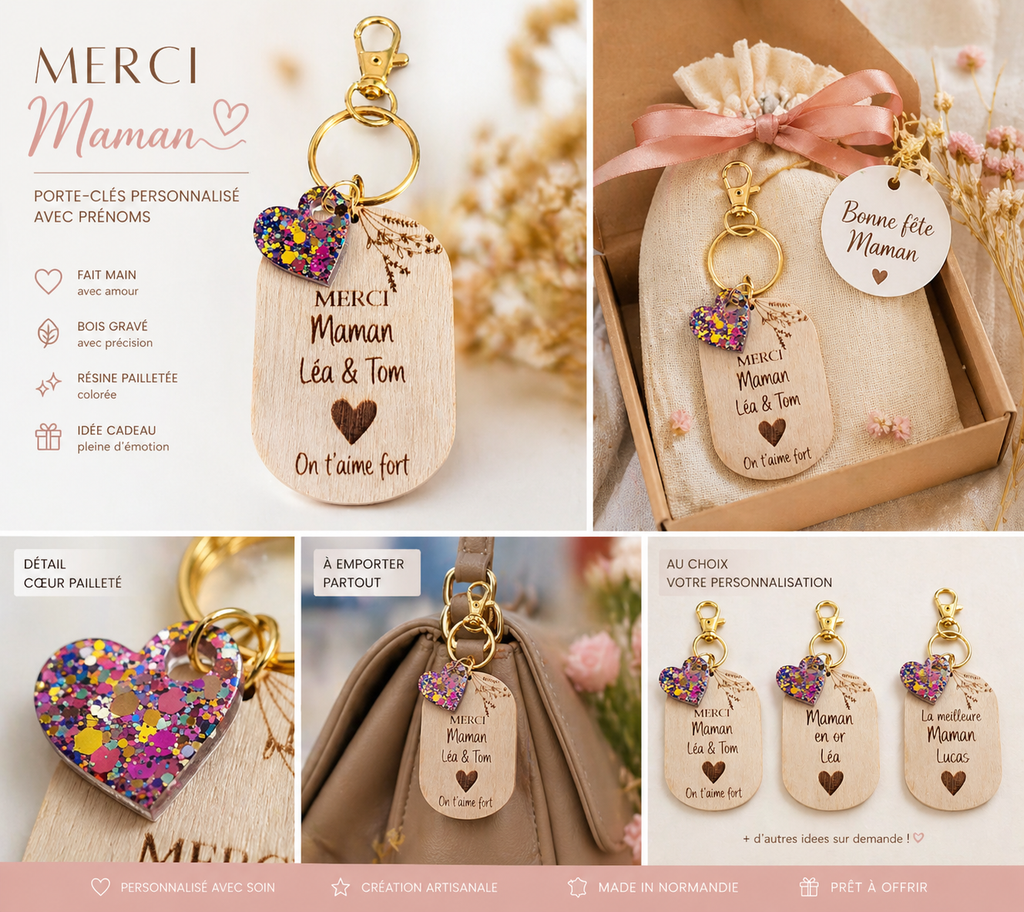 Porte-clés bois cœur pailleté - Fete des Mères - Commande Personnalisée