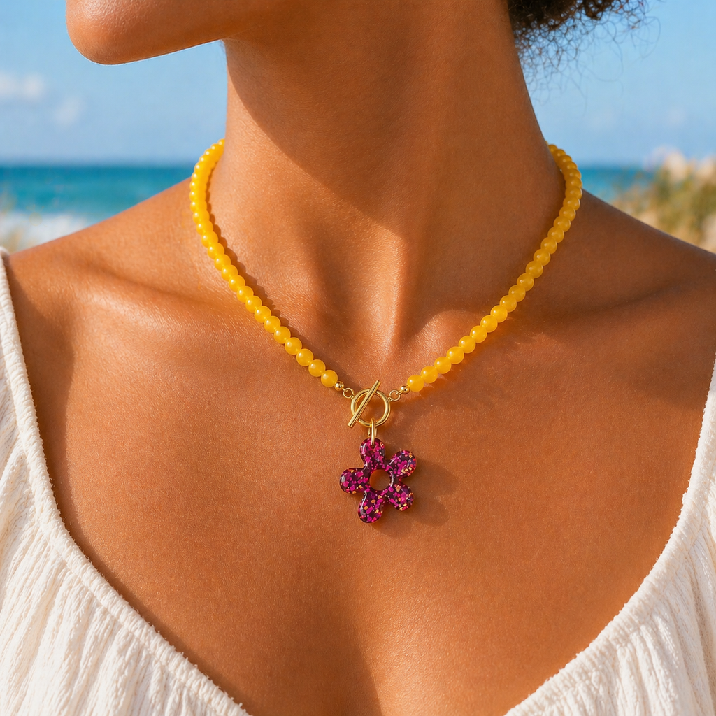 Collier Perles Jaunes & Pendentif Fleur Pailleté