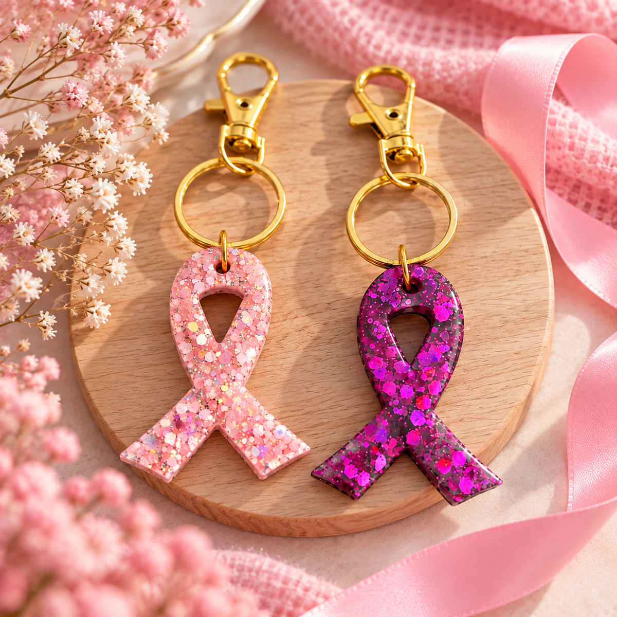 Porte clés ruban Octobre Rose en résine – porte-clés ruban rose