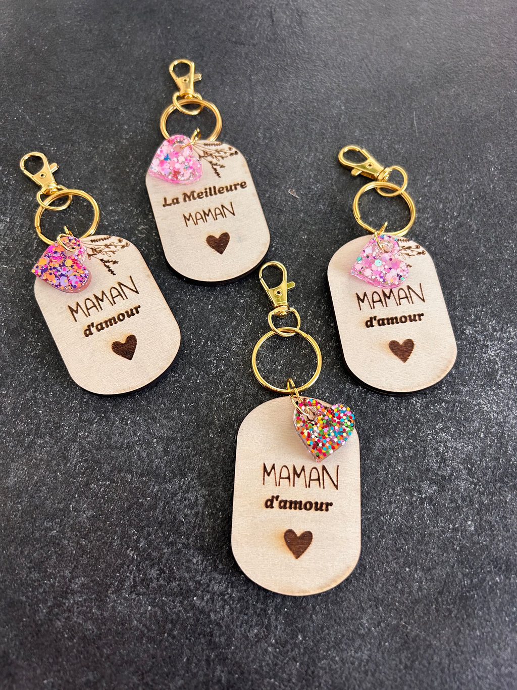 Porte-clés bois cœur pailleté - Fete des Mères - Commande Personnalisée