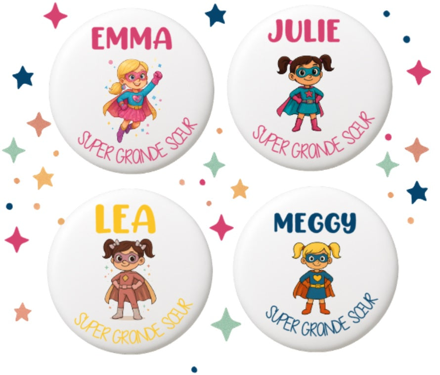 Badge Super Grande Sœur Personnalisé - Héros en version blond ou brun – Cadeau pour grande soeur