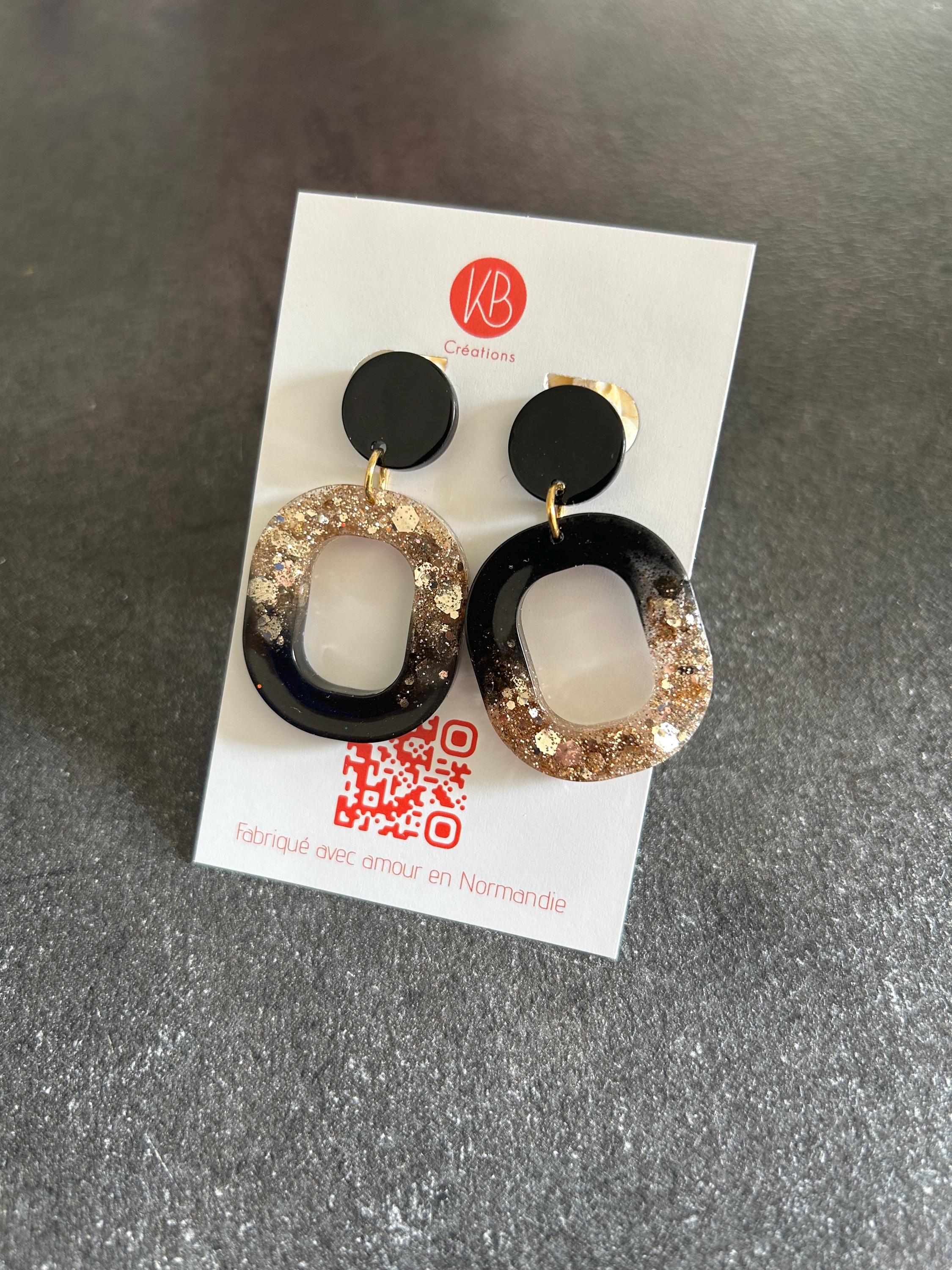 Boucles d’oreilles Rongy dorée et noir | Résine pailletée or | Bijoux faits main en Normandie