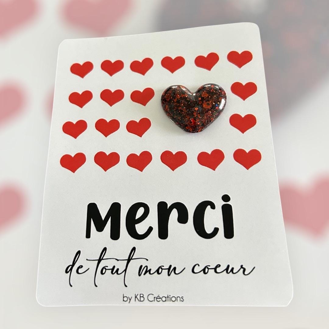 Carte “Merci de tout mon cœur” avec Pin's cœur en résine – Cadeau - cœur paillète
